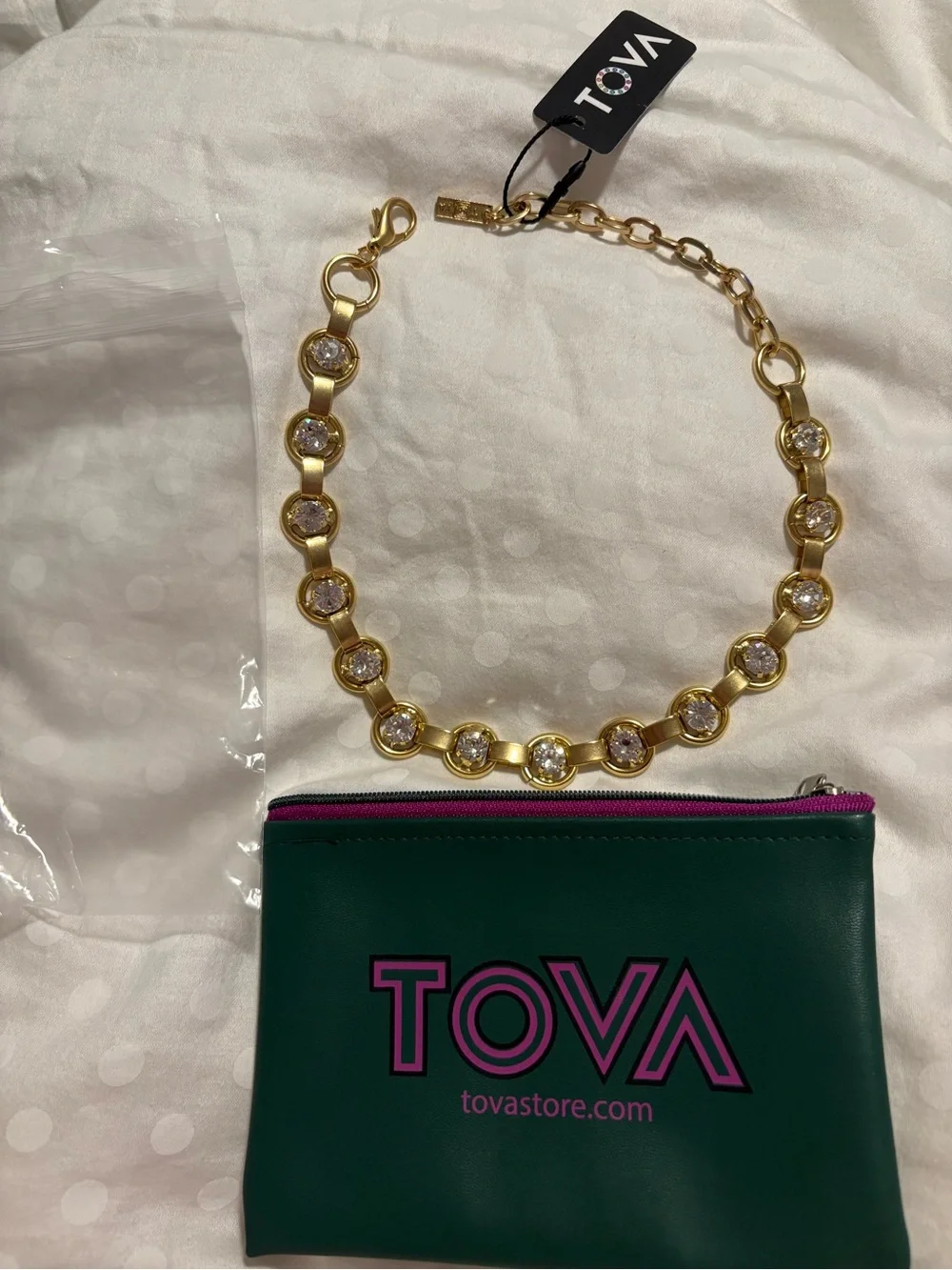 TOVA Link Necklace In Antique Gold Clear NWT